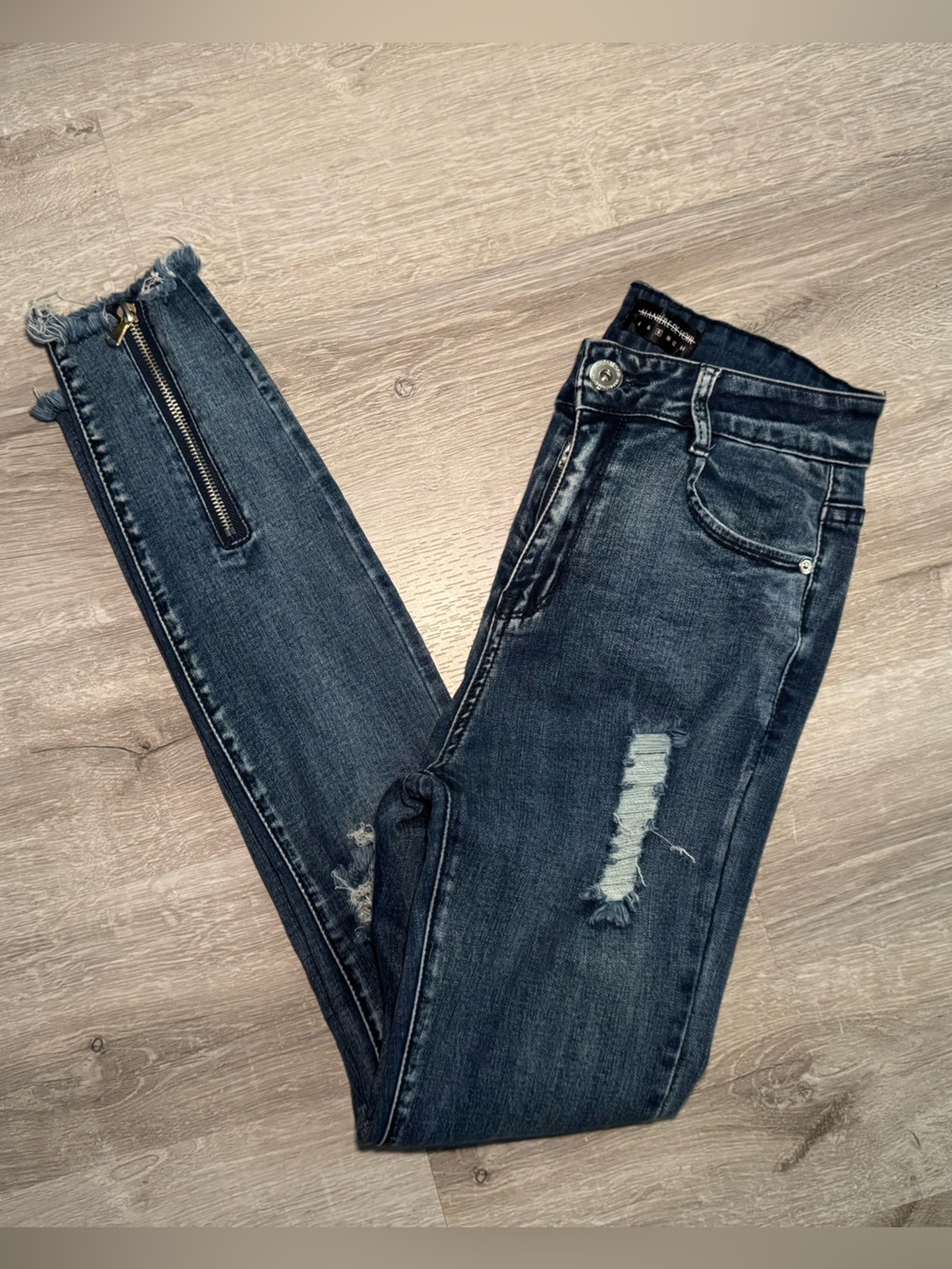 Manière De Voir Distressed Raw Hem Ankle Zip Skinny Jeans Blue Size 4 / UK 8
